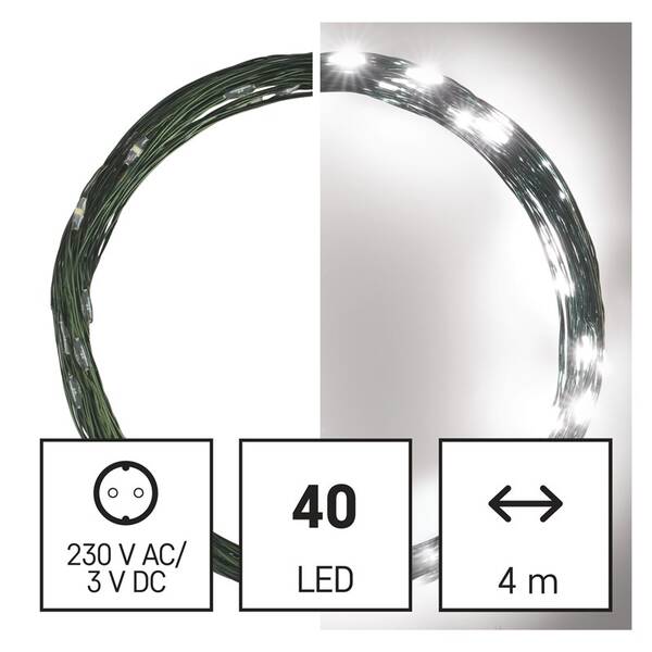 Vánoční osvětlení EMOS 40 LED nano řetěz zelený, 4 m, venkovní i vnitřní, studená bílá, časovač 

