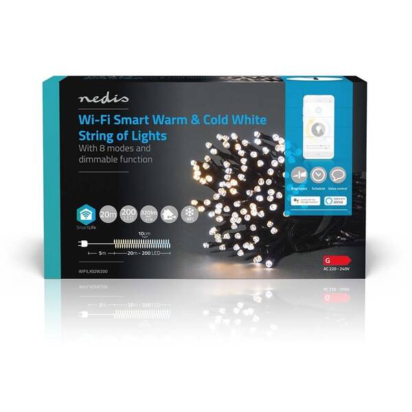 Vánoční osvětlení Nedis SmartLife LED, Wi-Fi, Teplá až studená bílá, 200 LED, 20 m, Android / IOS 

