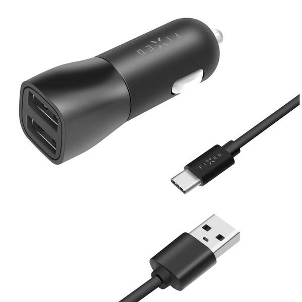 Adaptér do auta FIXED 2x USB, 15W Smart Rapid Charge + USB-C kabel 1m černý

