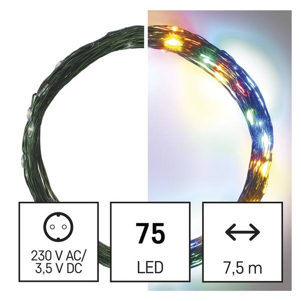 Vánoční osvětlení EMOS 75 LED nano řetěz zelený, 7,5 m, venkovní i vnitřní, multicolor, časovač 

