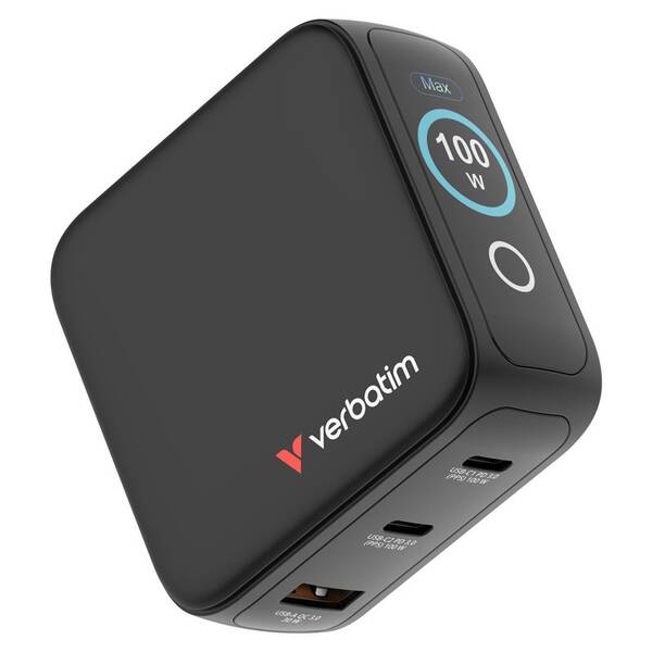 Cestovní adaptér Verbatim Mini GaN LCD, 2x USB-C PD 100 W, 1x USB-A QC 3.0, černá černý

