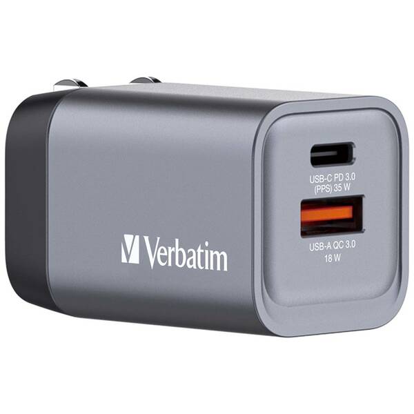 Cestovní adaptér Verbatim GNC-35 GaN 35W, 1x USB-C PD 35W, 1x USB-A QC 3.0 stříbrný

