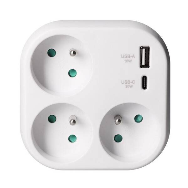 Rozbočovací zásuvka Solight 3x16A, USB A+C rychlonabíječka 20W bílá

