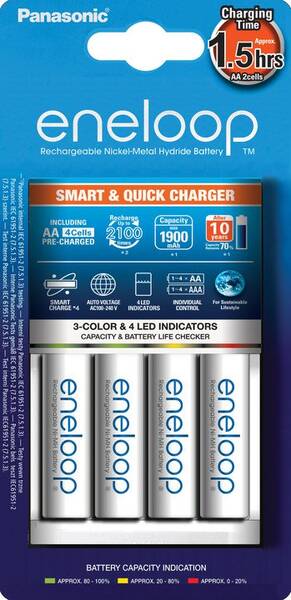 Nabíječka Panasonic Eneloop Smart-Quick Charger pro AA,AAA + 4x Panasonic Eneloop 1900mAh bílá

