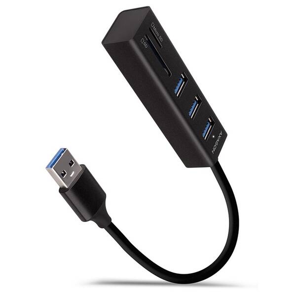 USB Hub Axagon USB 3.2 Gen 1 hub, 3x USB-A + čtečka karet SD/microSD, kabel USB-A 20cm černý

