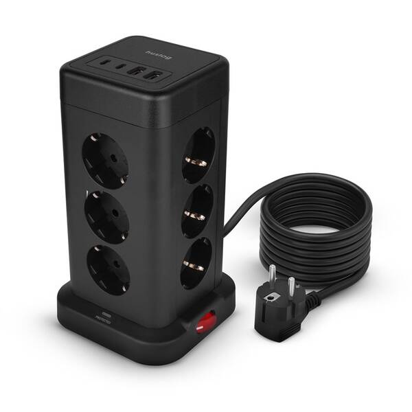 Kabel prodlužovací Huslog 15W 12xzásuvka, 2xUSB-C, 2xUSB černý

