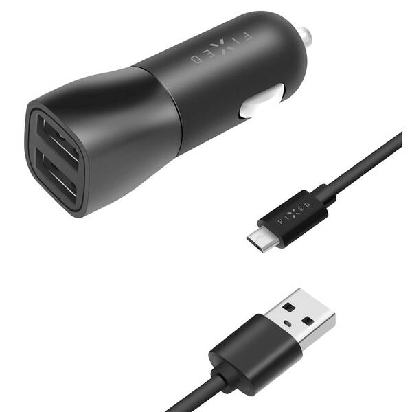 Adaptér do auta FIXED 2x USB, 15W Smart Rapid Charge + Micro USB kabel 1m černý

