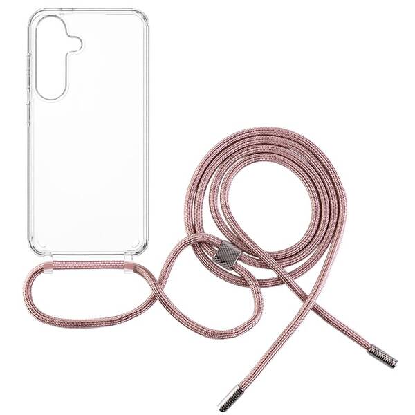 Kryt na mobil FIXED Pure Neck s růžovou šňůrkou na krk na Samsung Galaxy S25 průhledný


