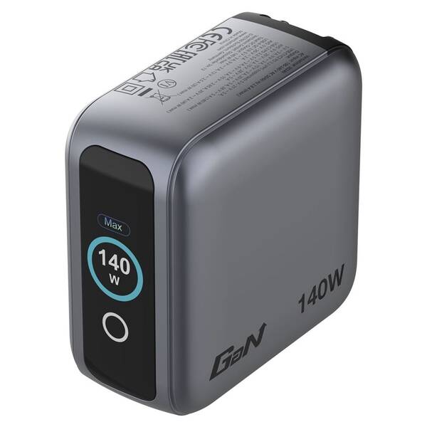 Cestovní adaptér Verbatim Mini GaN LCD, 3x USB-C PD 140 W, 1x USB-A QC 3.0, černá černý

