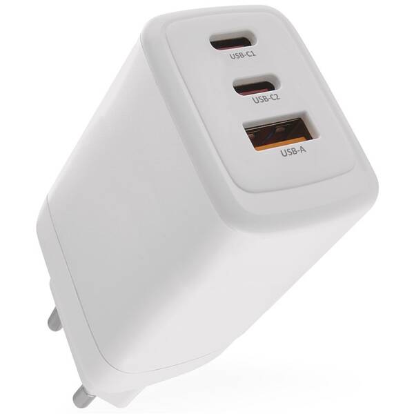 Nabíječka do sítě EMOS GaN, 65W, 1x USB-A/2x USB-C bílá

