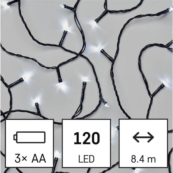 Vánoční osvětlení EMOS 120 LED řetěz, 8,4 m, 3x AA, venkovní i vnitřní, studená bílá, časovač 


