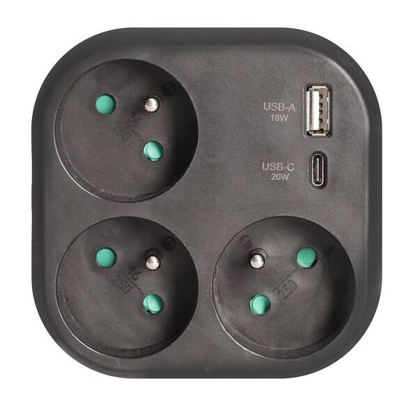 Rozbočovací zásuvka Solight 3x16A, USB A+C rychlonabíječka 20W černá


