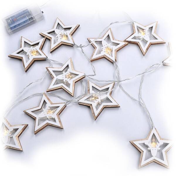 Vánoční osvětlení Solight řetěz - hvězdy, 10x LED, dřevo, 1,5m, 2x AA 

