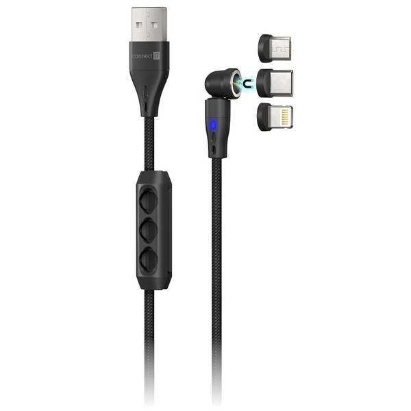 Kabel Connect IT Magnetic PowerLink 3in1, USB-C/Lightning/microUSB, 2 m černý

