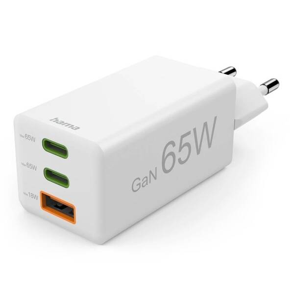 Nabíječka do sítě Hama GaN 2x USB-C + USB-A, PD/QC, 65 W bílá

