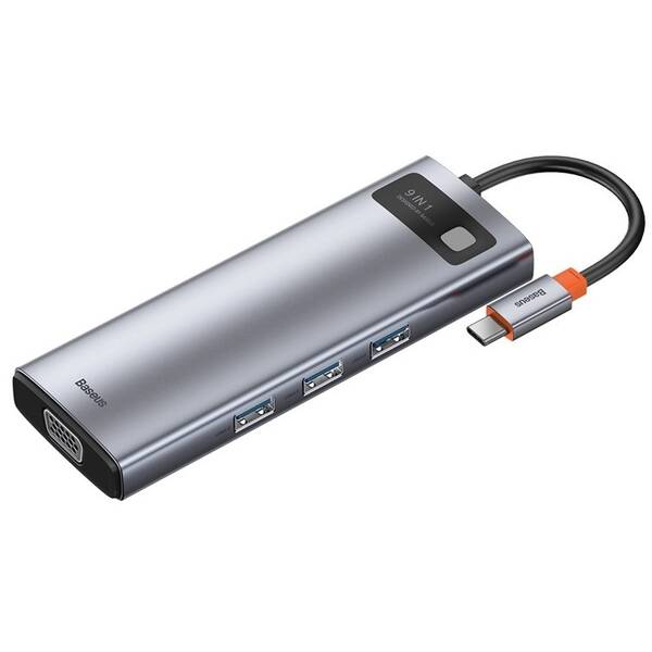 USB Hub Baseus Metal Gleam Series 9v1 HUB USB-C (USB-C PD 100W, 3x USB 3.0, HDMI, VGA, RJ45, SD/TF port) šedý

