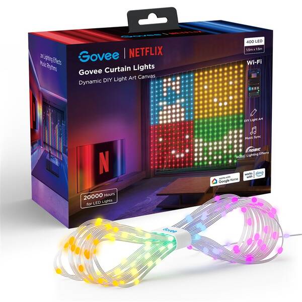 Vánoční osvětlení Govee Netflix RGBIC Curtain Light 400 LED - 1,5 x 1,5m bílé

