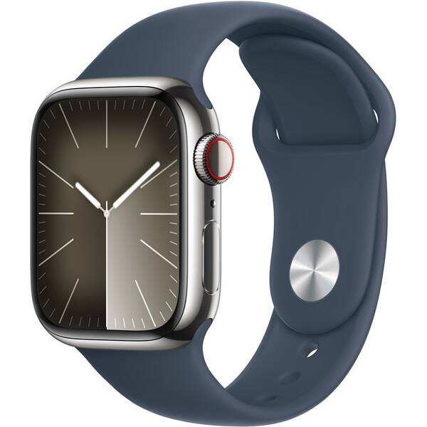 Chytré hodinky Apple GPS + Cellular 41mm pouzdro ze stříbrné nerezové oceli - bouřkově modrý sportovní řemínek - S/M 

