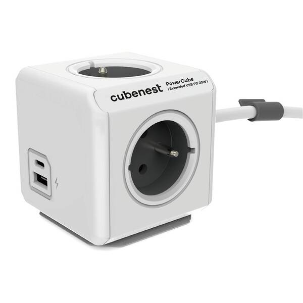 Kabel prodlužovací Cubenest Powercube Extended USB PD 20W, USB, USB-C, 4x zásuvka, 1,5m šedý/bílý

