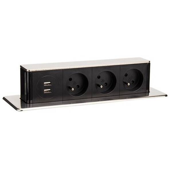 Kabel prodlužovací Solight výsuvný blok, 3x zásuvka, 2x USB, 1,9m stříbrný

