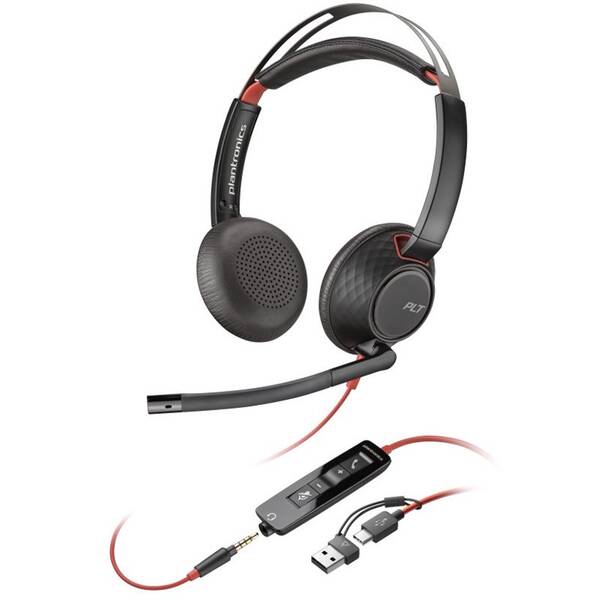 Headset HP Poly Blackwire 5220, 3,5 mm jack + USB-C/A adaptér, stereo černý

