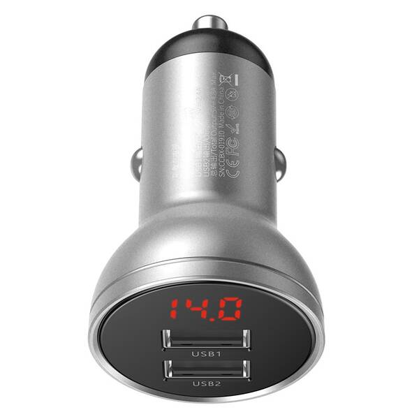 Adaptér do auta Baseus Digital Display Dual 2x USB, 4,8A, 24W stříbrný

