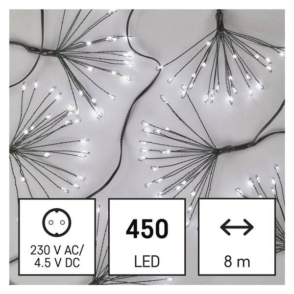 Vánoční osvětlení EMOS 450 LED řetěz - svítící trsy, nano, 8 m, vnitřní, studená bílá, časovač 

