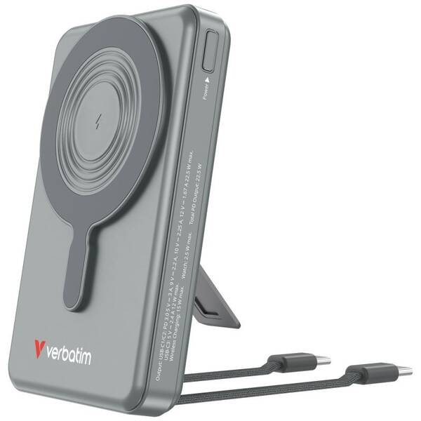 Powerbanka Verbatim magnetická, bezdrátová Charge 'n' Go C+C, displej, 10000 mAh šedá

