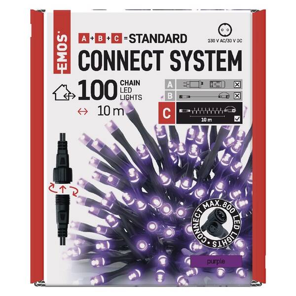 Spojovací řetěz EMOS 100 LED Standard, 10 m, venkovní i vnitřní, fialová, časovač 

