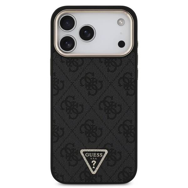 Kryt na mobil Guess 4G Strass Triangle Logo Gold Frame MagSafe na Apple iPhone 18 Pro černý

