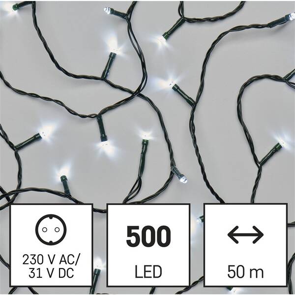 LED řetěz EMOS 500LED řetěz, 50 m, venkovní i vnitřní, studená bílá, programy, časovač 

