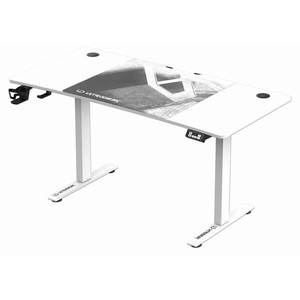 Herní stůl ULTRADESK LEVEL V2 WHITE, 140×68cm, 72-117cm, XXL mouse pad bílý


