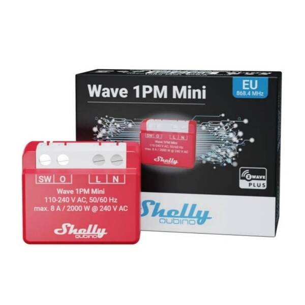 Modul Shelly Qubino Wave 1PM Mini, spínací modul s měřením spotřeby 1x 8A, Z-Wave červený

