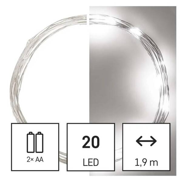 Vánoční osvětlení EMOS 20 LED nano řetěz, 1,9 m, 2x AA, vnitřní, studená bílá, časovač 

