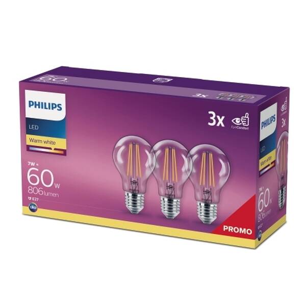 Žárovka LED Philips klasik, 7W, E27, teplá bílá (3ks) 

