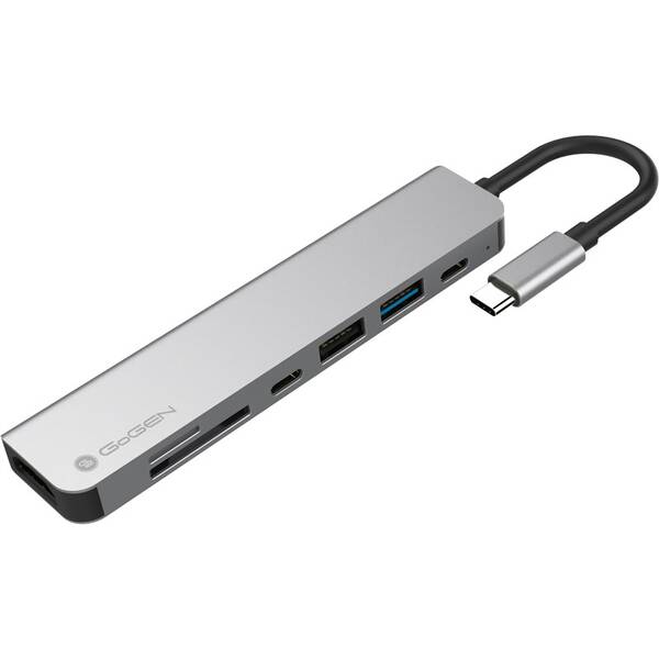 USB Hub GoGEN USB-C, 1x USB-C 2.0, 1x USB-C power, 1x USB A-2.0, 1x USB-A 3.0, HDMI, Card reader šedý

