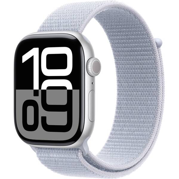 Chytré hodinky Apple GPS 46mm pouzdro ze stříbrného hliníku - oblačně modrý provlékací sportovní řemínek 

