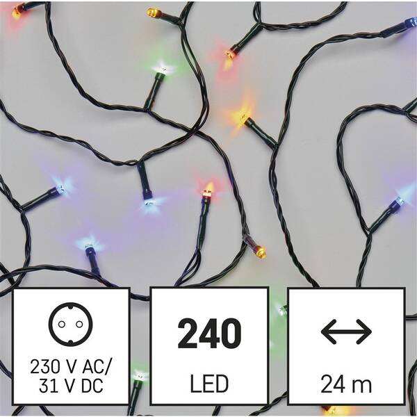 LED řetěz EMOS 240LED řetěz, 24 m, venkovní i vnitřní, multicolor, programy, časovač 

