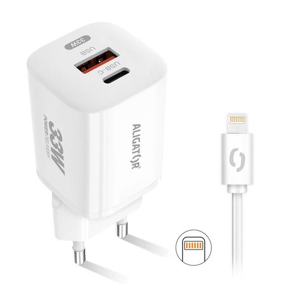 Nabíječka do sítě Aligator Power Delivery 33W, USB-C + USB-A + kabel pro Apple bílá

