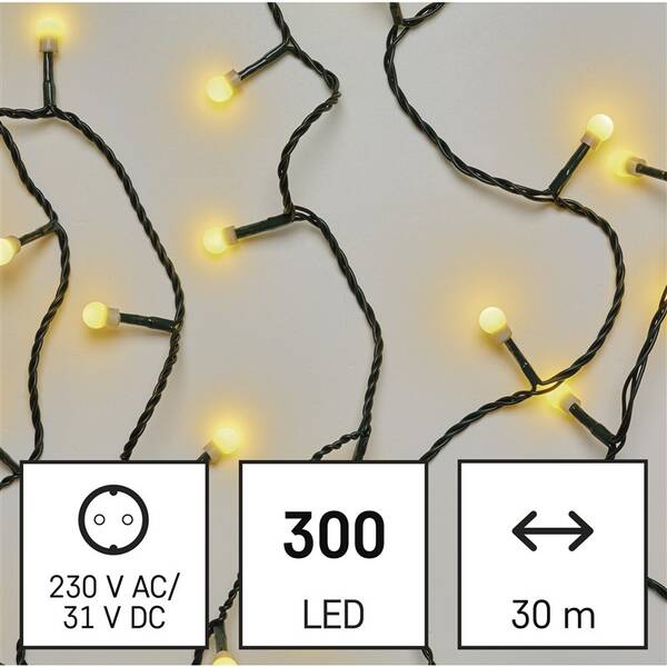 LED řetěz EMOS 300LED cherry řetěz - kuličky, 30 m, venkovní i vnitřní, teplá bílá, programy, časovač 

