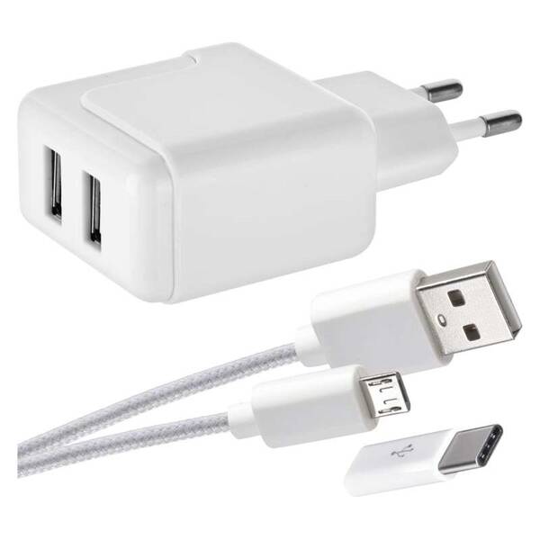 Nabíječka do sítě EMOS 1x USB, Micro USB kabel, USB-C redukce, 1m bílá

