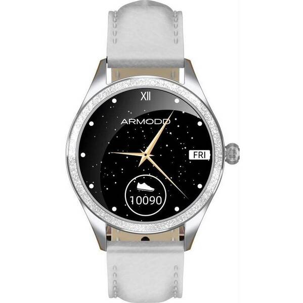 Chytré hodinky ARMODD Candywatch Crystal 2 stříbrná s bílým koženým řemínkem 

