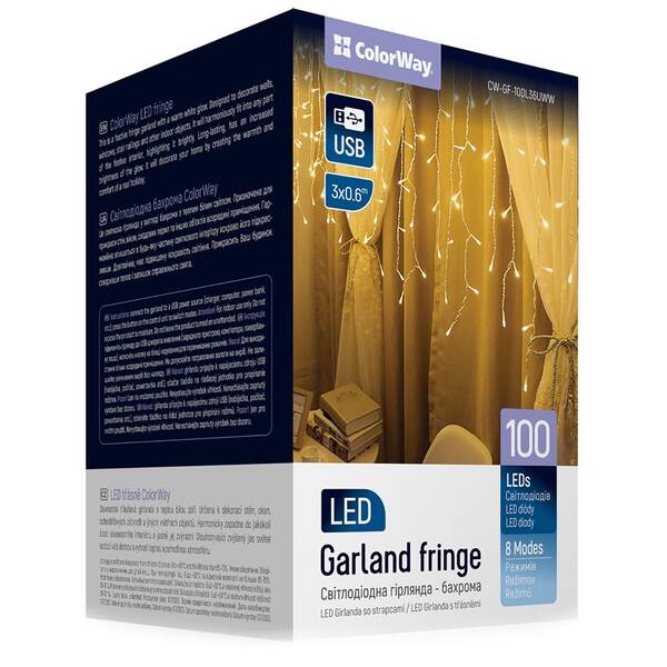 Vánoční osvětlení ColorWay vnitřní, 100 LED, 3× 0,6m, IP20, USB, teplá bílá 

