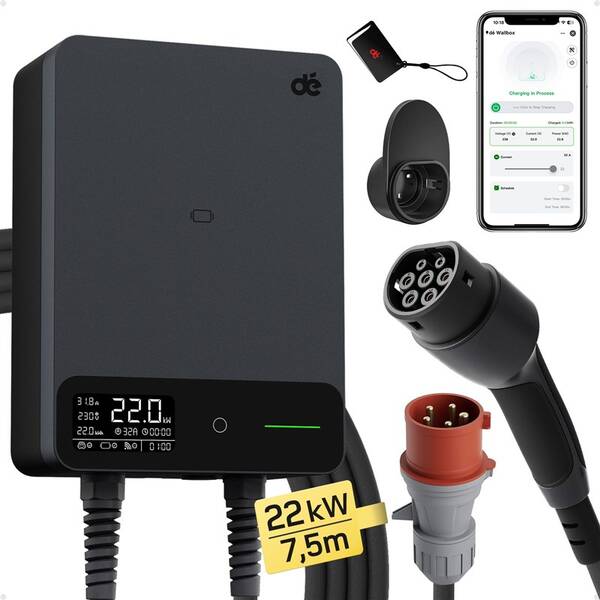 Nástěnná nabíjecí stanice dé pro elektromobily 22kW  s 7,5m kabelem, verze s CZ aplikací černá

