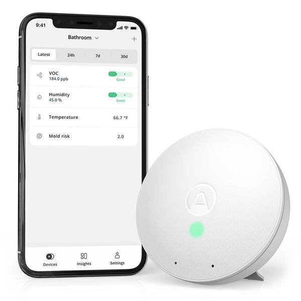 Senzor Airthings Wave Mini - senzor kvality ovzduší, vlhkosti, teploty a vzdušných chemikálií 

