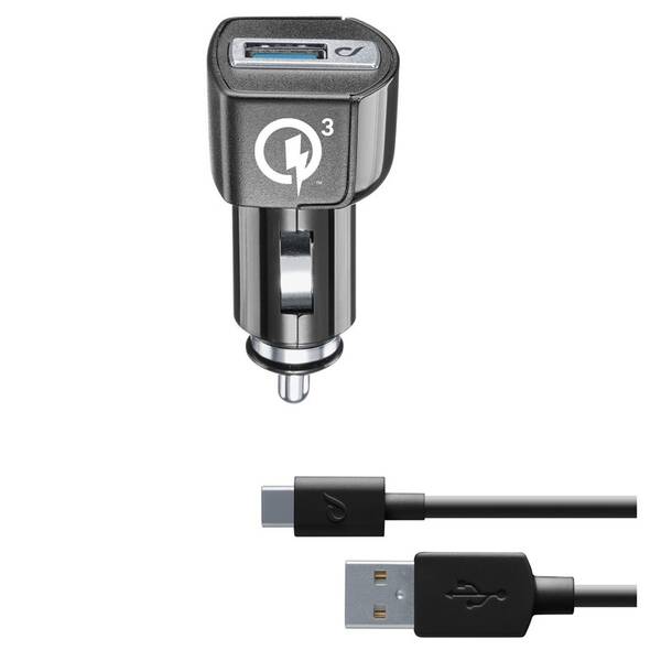 Adaptér do auta CellularLine 18W, QC 3.0 + USB-C kabel 1m černý


