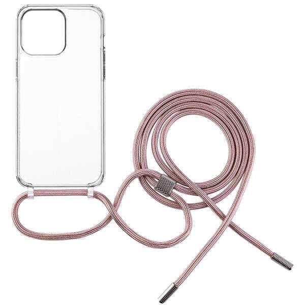 Kryt na mobil FIXED Pure Neck s růžovou šňůrkou na krk na Apple iPhone 15 Pro průhledný

