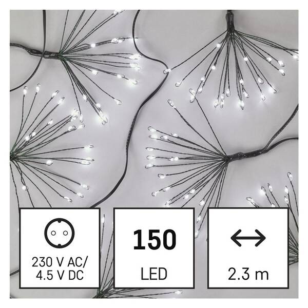Vánoční osvětlení EMOS 150 LED řetěz - svítící trsy, nano, 2,35 m, vnitřní, studená bílá, časovač 

