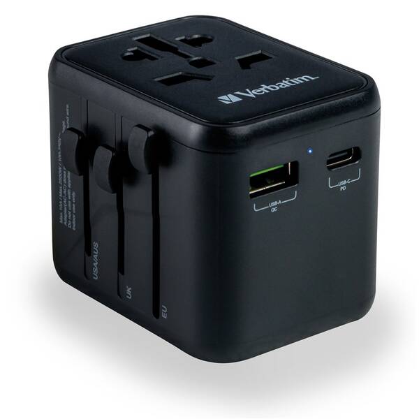 Cestovní adaptér Verbatim UTA-02 s 1 x USB-C PD 20W / 1 x USB-A QC 3.0 černý

