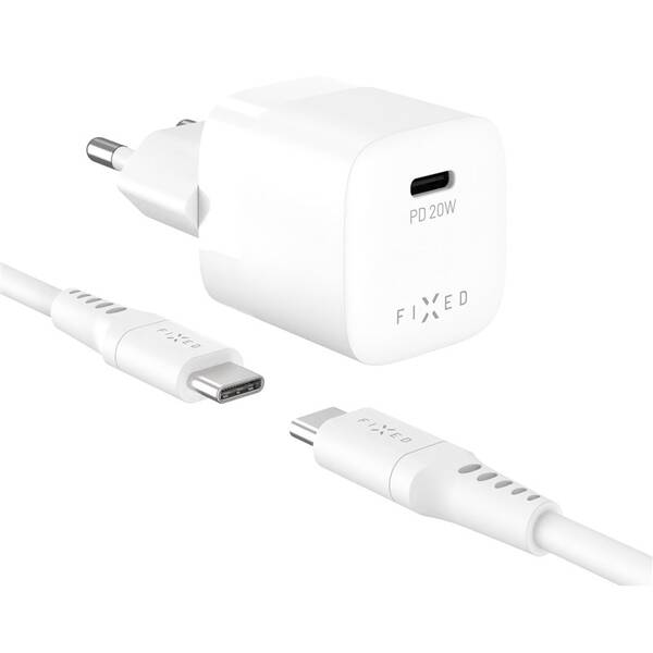 Nabíječka do sítě FIXED Mini, PD 20W, 1xUSB-C + USB-C/USB-C kabel, 1,2m bílá

